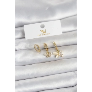 Mey İthalat® Pirinç Gold Renk Kelebek Model 3lü Kadın Küpe