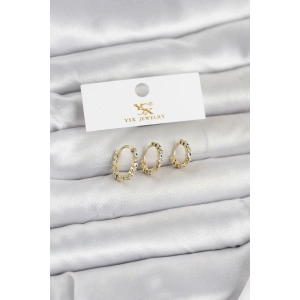 Mey İthalat® Pirinç Gold Renk Nazarlı Model 3lü Kadın Küpe