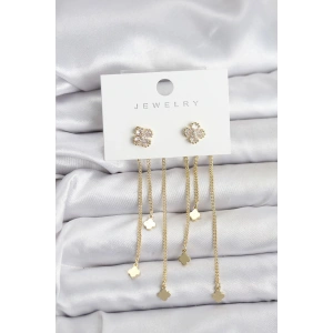 Mey İthalat® Pirinç Gold Renk Yonca Model Sallantılı Kadın Küpe