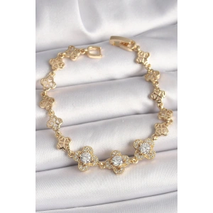 Mey İthalat® Pirinç Gold Renk Zirkon Taşlı Yonca Model Kadın Bileklik
