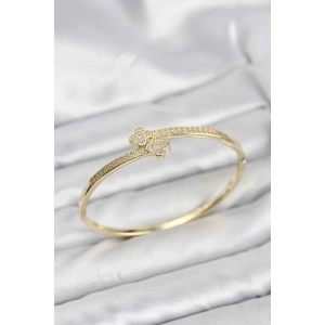 Mey İthalat® Pirinç Gold Renk Zirkon Taşlı Yonca Model Kadın Kelepçe Bileklik
