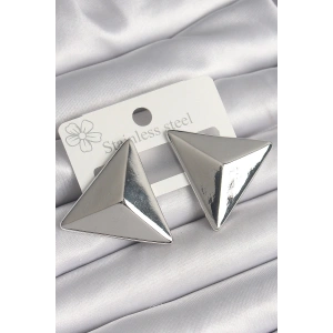 Mey İthalat® Pirinç Gümüş Renk 3D Üçgen Model Kadın Küpe