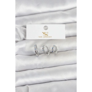 Mey İthalat® Pirinç Gümüş Renk Nazarlı Model 3lü Kadın Küpe