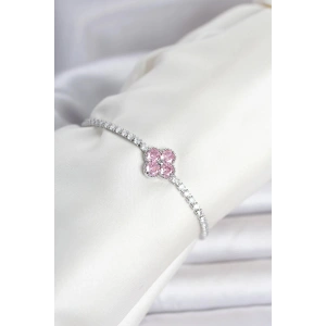 Mey İthalat® Pirinç Gümüş Renk Pembe Zirkon Taşlı Yonca Model Su Yolu Kadın Bileklik
