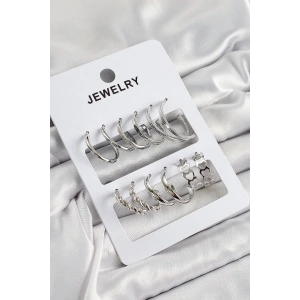Mey İthalat® Pirinç Karışık Halka Model Gümüş Renk 6 Çift Kadın Küpe Set
