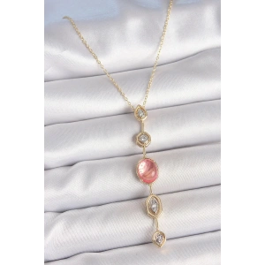 Mey İthalat® Pirinç Zincir Pembe Gold Renk Zirkon Taşlı Y Kolye