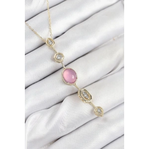 Mey İthalat® Pirinç Zincir Pembe Gold Renk Zirkon Taşlı Y Kolye