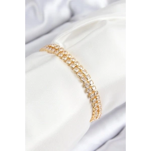 Mey İthalat® Pirinç Zirkon Taşlı Çift Sıra Model Gold Renk Asansörlü Kadın Bileklik