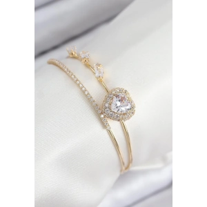Mey İthalat® Pirinç Zirkon Taşlı Kalp Model Gold Renk Kadın Bileklik