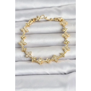 Mey İthalat® Pirinç Zirkon Taşlı Yonca Model Gold Renk Kadın Bileklik