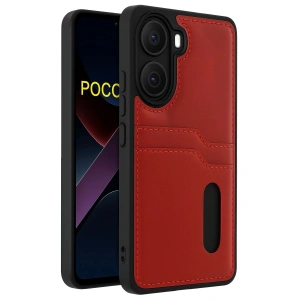 Mey İthalat®   Poco X7 Pro Kılıf Sara Kartvizitli Deri Kılıf - Kırmızı
