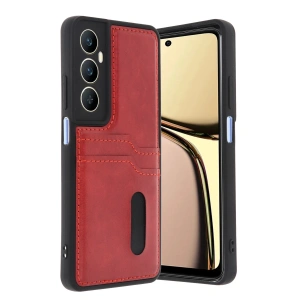 Mey İthalat®  Realme C65 Sara Kartvizitli Deri Kılıf - Kırmızı