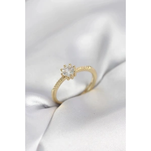 Mey İthalat® Tek Taş Model Gold Renk Zirkon Taşlı Kadın Yüzük