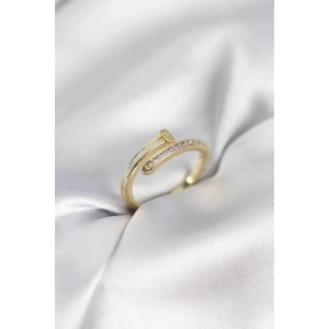 Mey İthalat® Zirkon Taşlı Gold Renk Yassı Çivi Model Kadın Yüzük