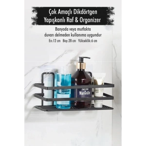 Paslanmaz Çelik Yapışkanlı Dikdörtgen Duvar Rafı & Organizer & Banyo Duş Askısı