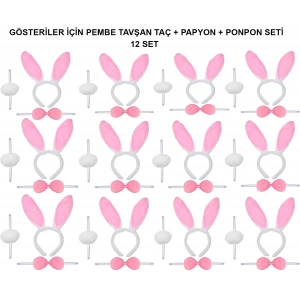 Pembe Tavşan Kostüm Seti – Taç, Papyon, Ponpon (12’li Paket)
