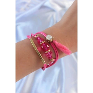 Pembe Zirkon Taşlı İpli Püskül Detay Çoklu Bileklik