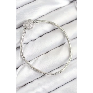 Pirinç Charm Zirkon Taşlı Kalp Model Gümüş Renk Kadın Bileklik