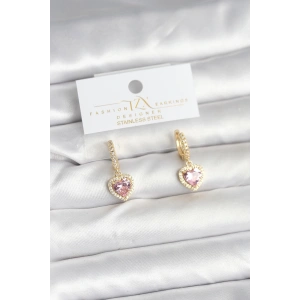 Pirinç Gold Pembe Renk Zirkon Taşlı Kalp Model Kadın Küpe