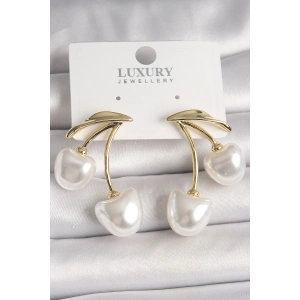 Pirinç Gold Renk Beyaz İnci Kiraz Model Kadın Küpe