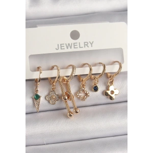 Pirinç Gold Renk Çoklu Figür Kadın Küpe Seti