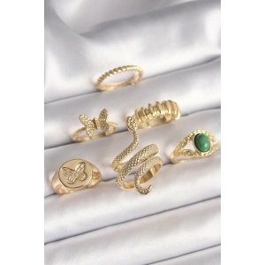 Pirinç Gold Renk İşlemeli Yılan Model Kelebek Detay 6Lı Kadın Yüzük Seti