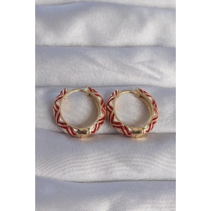 Pirinç Gold Renk Kırmızı Etnik Desenli Halka Küpe