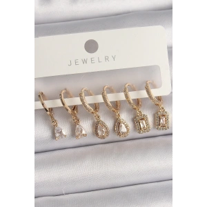 Pirinç Gold Renk Sallantı Zirkon Taşı Damla Model Kadın Küpe Seti