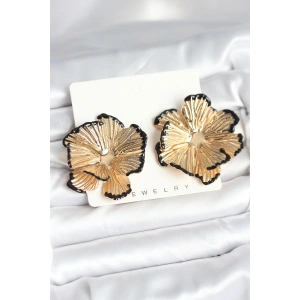 Pirinç Gold Renk Siyah Mine Detaylı Lotus Kadın Küpe