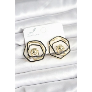 Pirinç Gold Renk Siyah Mineli Geometrik Gül Model Kadın Küpe