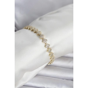 Pirinç Gold Renk Yonca Model Sıralı Zirkon Taşlı Kadın Bileklik