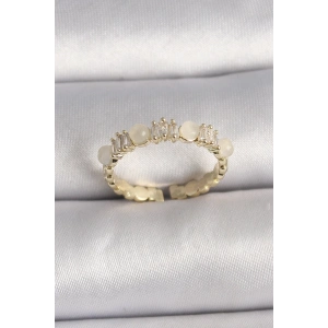 Pirinç Gold Renk Zirkon Taşlı Beyaz Mineli Ayarlanabilir Yüzük