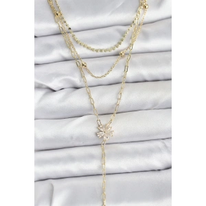 Pirinç Gold Renk Zirkon Taşlı Çiçek Model Detaylı 3lü Kombin Y Kadın Kolye