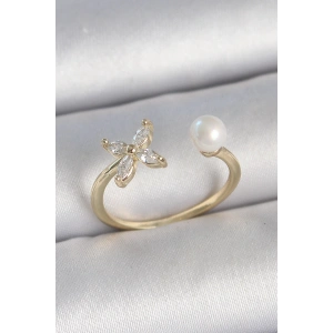 Pirinç Gold Renk Zirkon Taşlı Çiçek Model İnci Detay Ayarlanabilir Kadın Yüzük