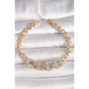 Pirinç Gold Renk Zirkon Taşlı Daire Zincir Model Kadın Bileklik