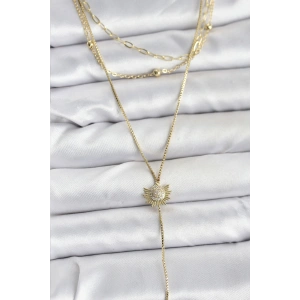 Pirinç Gold Renk Zirkon Taşlı Güneş Model Detaylı 3lü Kombin Y Kadın Kolye