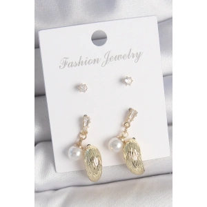 Pirinç Gold Renk Zirkon Taşlı İncili Sallantılı İşlemeli Damla Model 3 Çift Kadın Küpe Seti