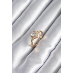 Pirinç Gold Renk Zirkon Taşlı Kalp Charm Model Kadın Yüzük