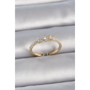 Pirinç Gold Renk Zirkon Taşlı Kalp İnci Detaylı Ayarlanabilir Model Kadın Yüzük