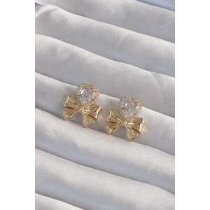 Pirinç Gold Renk Zirkon Taşlı Kalp Model Fiyonk Küpe