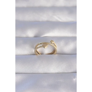 Pirinç Gold Renk Zirkon Taşlı Kalpli Model Ayarlanabilir Yüzük