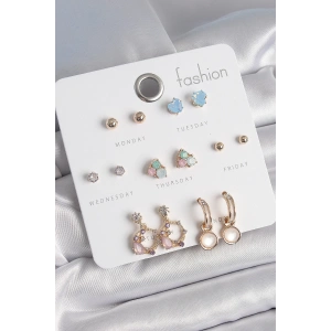 Pirinç Gold Renk Zirkon Taşlı Sallantı Halka Figür Kalp Detay 7 Çift Kadın Küpe