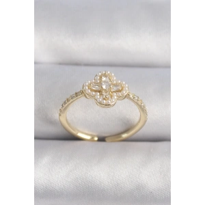 Pirinç Gold Renk Zirkon Taşlı Yonca Model İnci Detay Kadın Yüzük