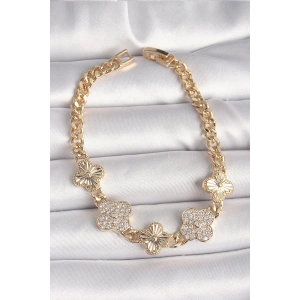 Pirinç Gold Renk Zirkon Taşlı Yonca Model Kadın Bileklik