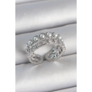 Pirinç Gümüş Renk 2Li Sıra Zirkon Taşlı Ve İncili Ayarlanabilir Kadın Yüzük