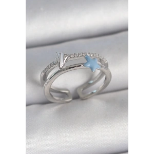 Pirinç Gümüş Renk 2Li Zirkon Taşlı Mavi Yıldız Figür Ayarlanabilir Kadın Yüzük