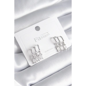 Pirinç Gümüş Renk 3lü Sallantı Zirkon Taşlı Küpe