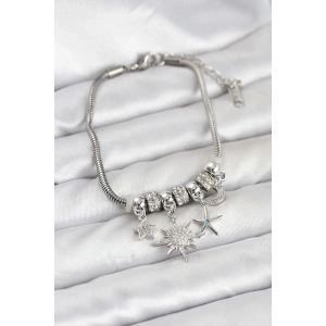 Pirinç Gümüş Renk Güneş Tema Charmlı Kadın Bileklik