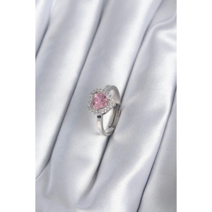 Pirinç Gümüş Renk Pembe Zirkon Taşlı Charm Model Kadın Yüzük