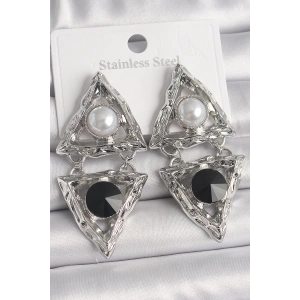 Pirinç Gümüş Renk Sallantı Üçgen Model İnci Detay Kadın Küpe